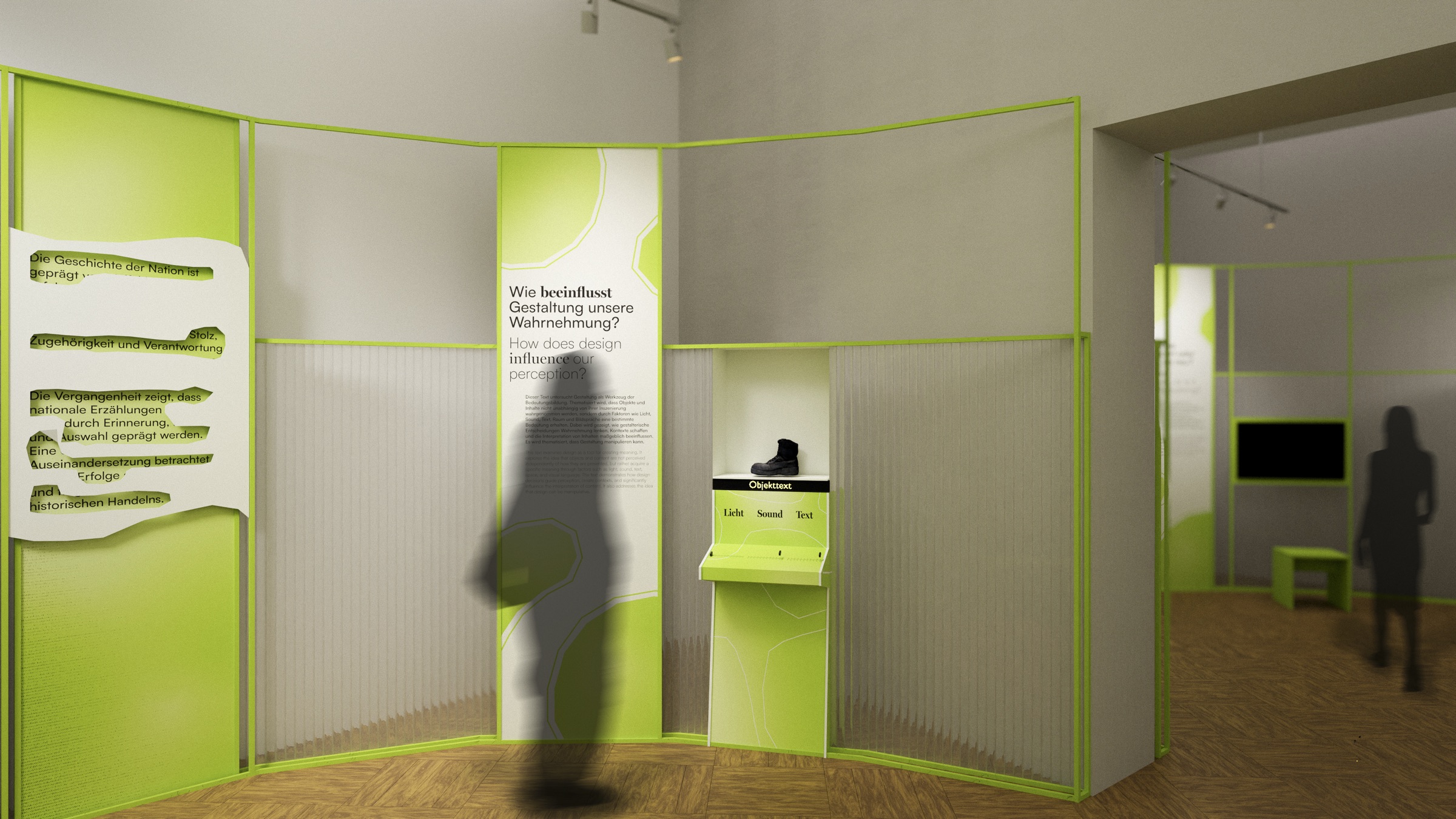 Rendering of room 2: an interactive design station between light green and clear polycarbonate panels